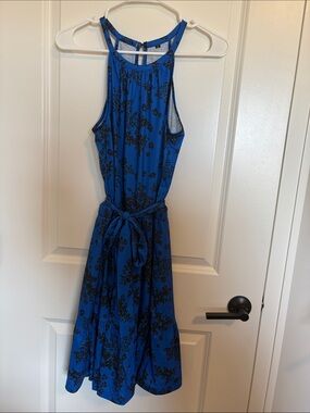 Blue Floral Halter Midi Dress with Tie Waist